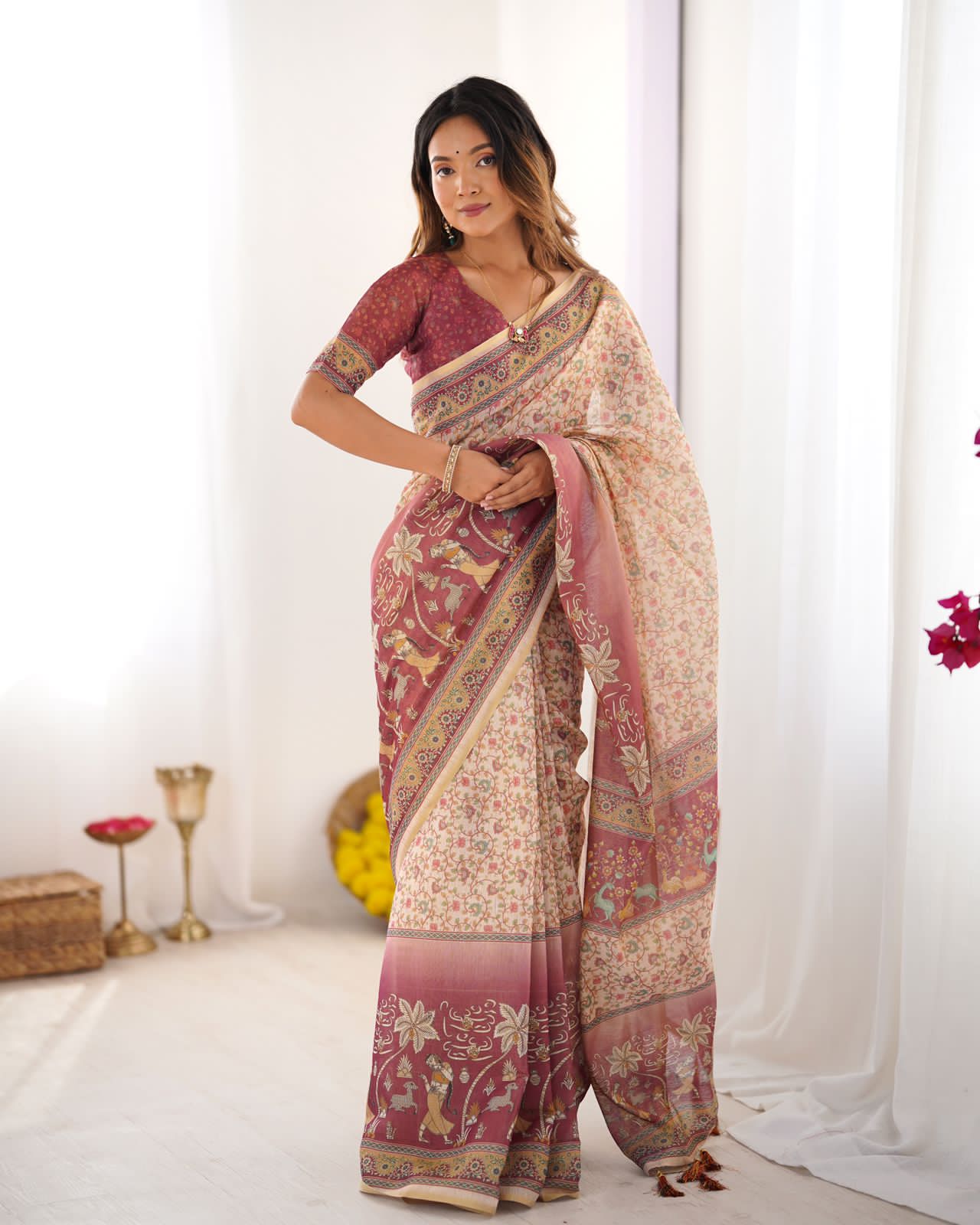 Maroon & Cream Printed Saree For Women | Traditional Festive Ethnic Wear
