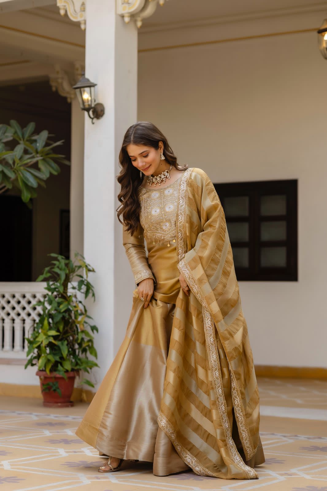 Golden Silk Kurta With Flared Lehenga Set For Women | Embroidered Festive & Wedding Ethnic Wear - Image 2