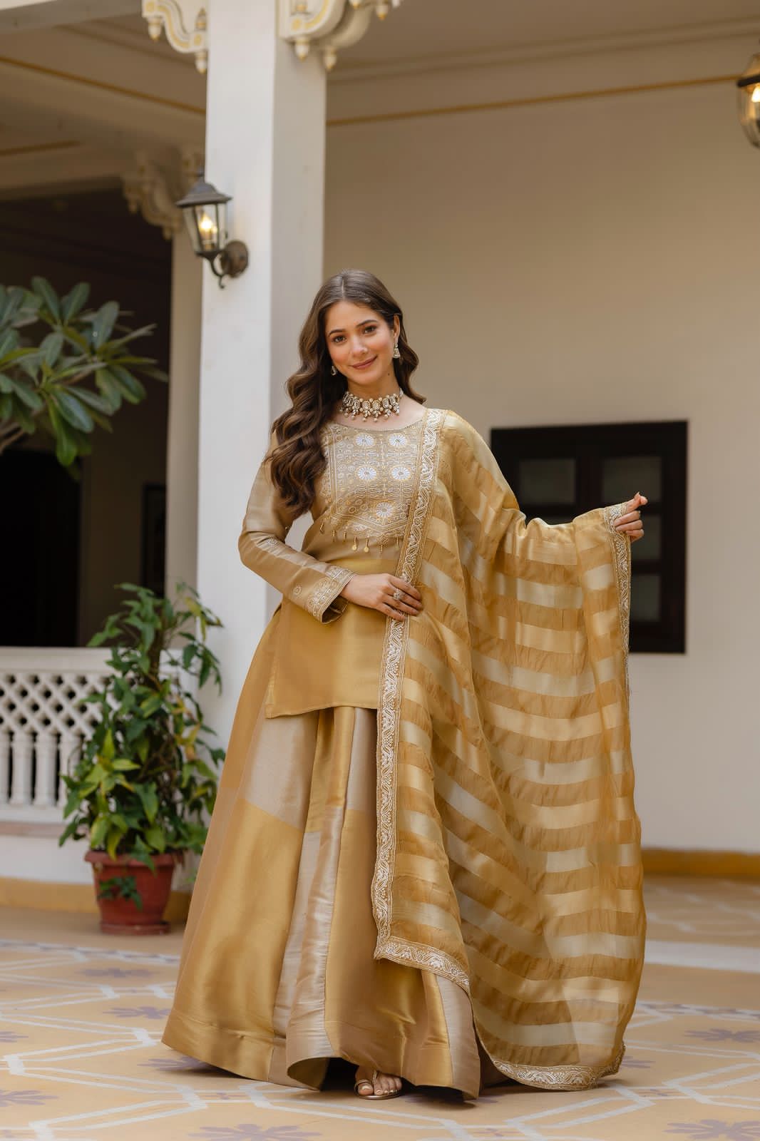 Golden Silk Kurta With Flared Lehenga Set For Women | Embroidered Festive & Wedding Ethnic Wear - Image 3