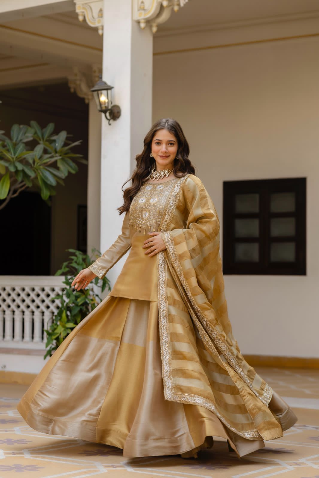 Golden Silk Kurta With Flared Lehenga Set For Women | Embroidered Festive & Wedding Ethnic Wear - Image 4