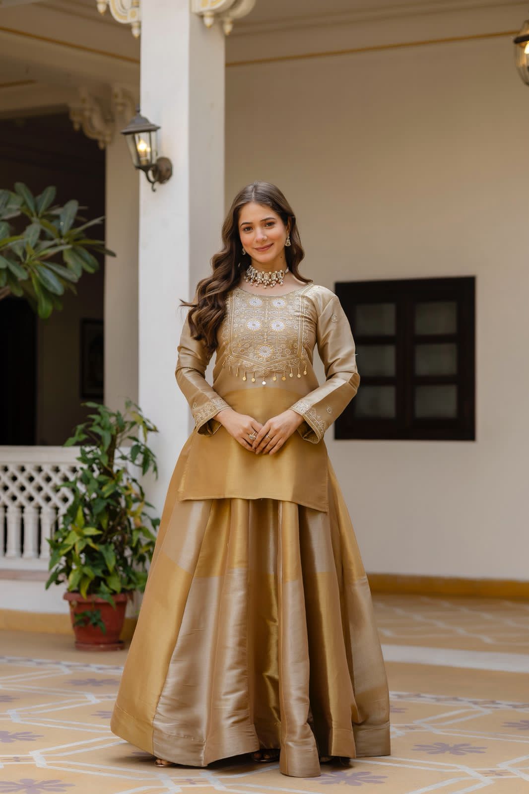 Golden Silk Kurta With Flared Lehenga Set For Women | Embroidered Festive & Wedding Ethnic Wear - Image 5