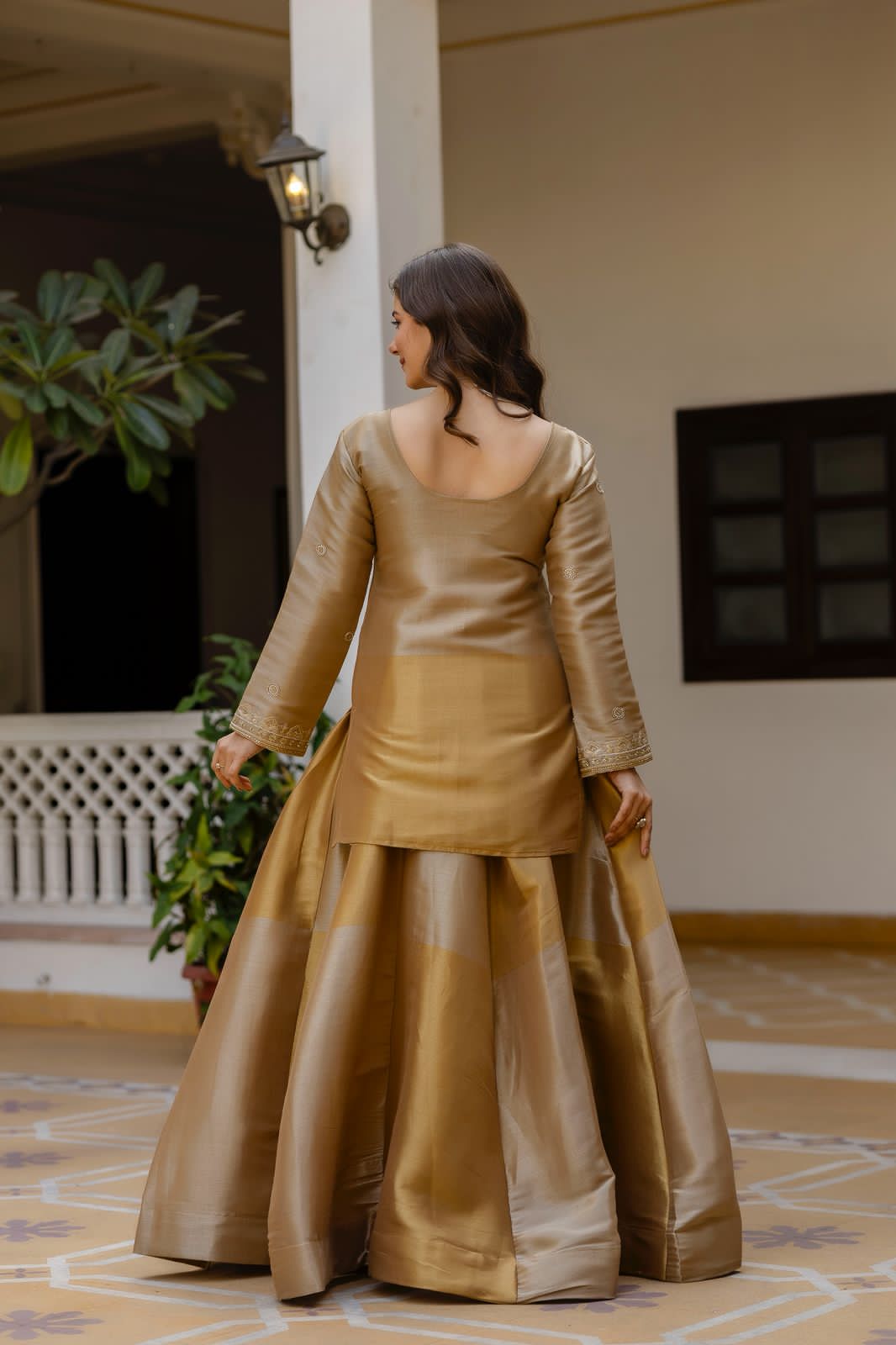 Golden Silk Kurta With Flared Lehenga Set For Women | Embroidered Festive & Wedding Ethnic Wear - Image 6