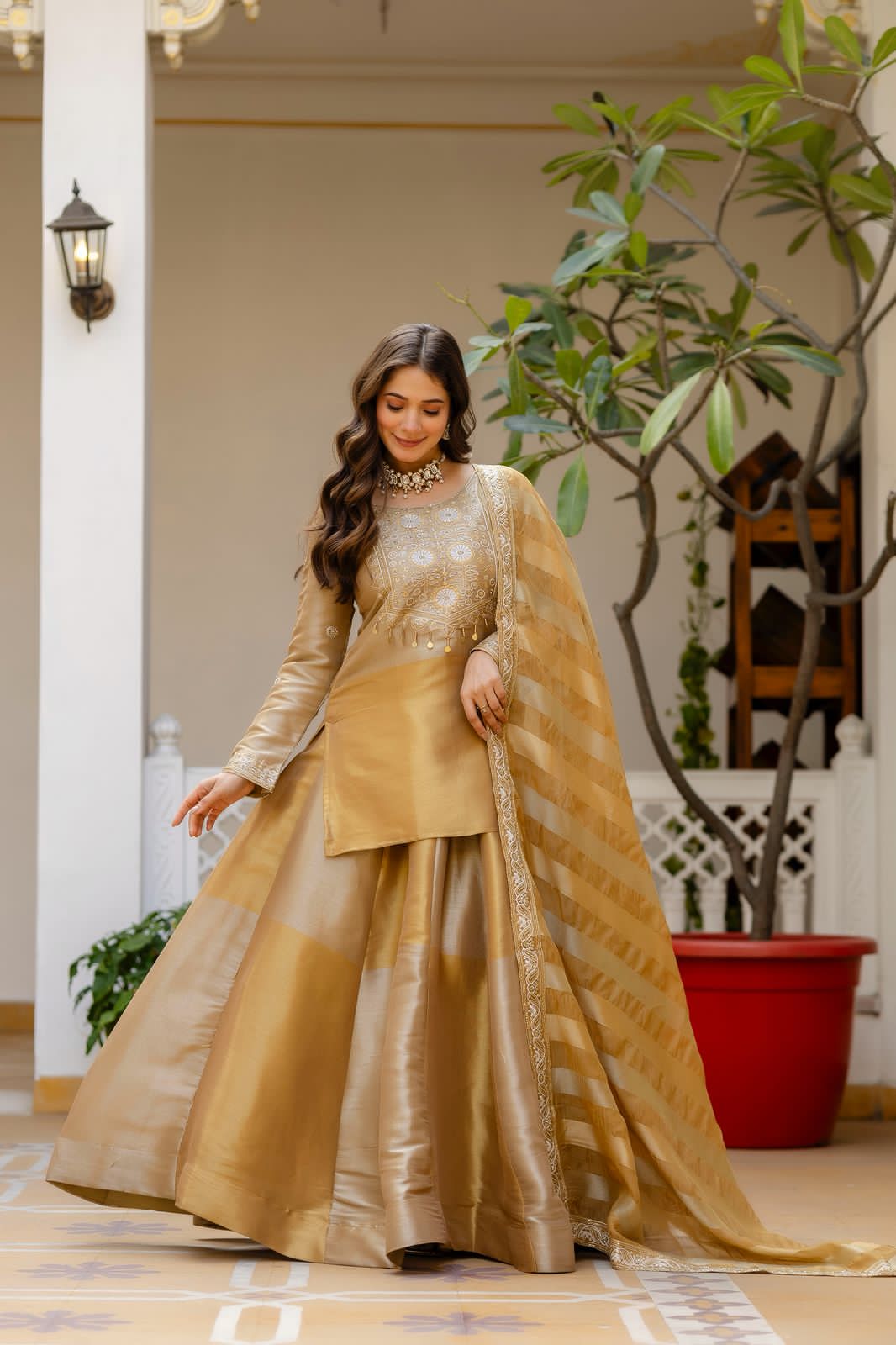 Golden Silk Kurta With Flared Lehenga Set For Women | Embroidered Festive & Wedding Ethnic Wear - Image 7