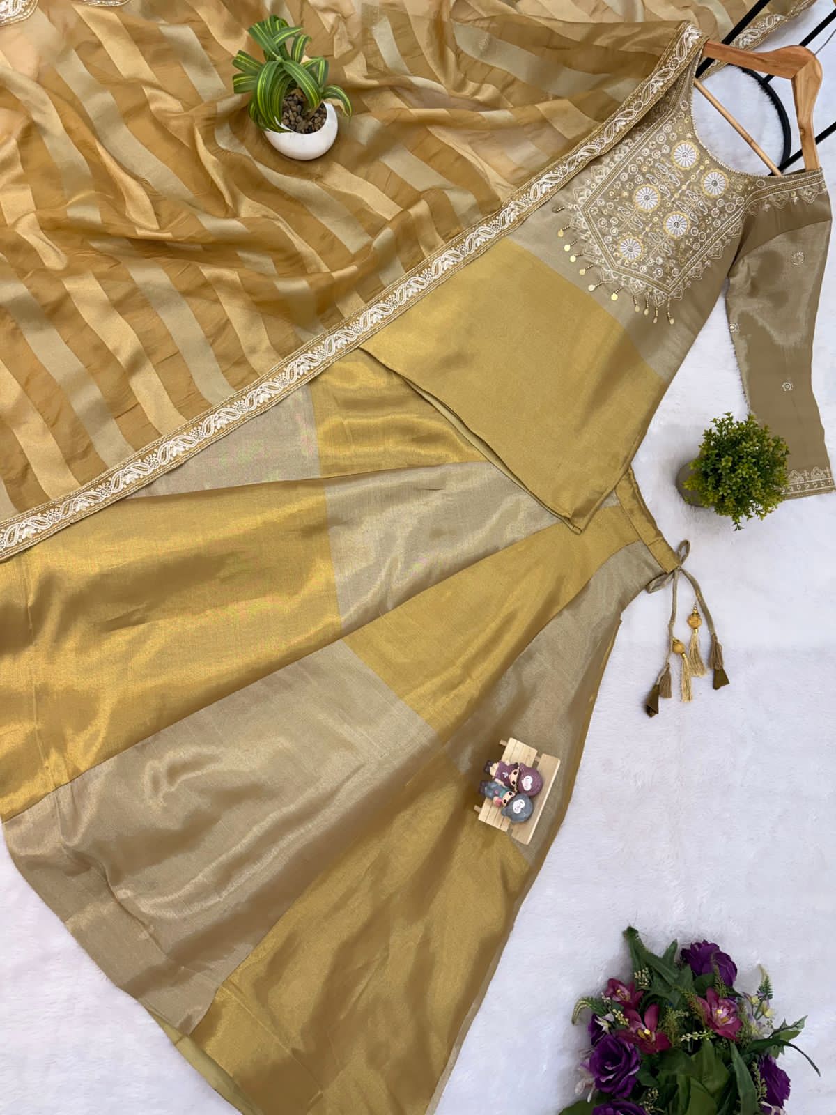 Golden Silk Kurta With Flared Lehenga Set For Women | Embroidered Festive & Wedding Ethnic Wear - Image 11