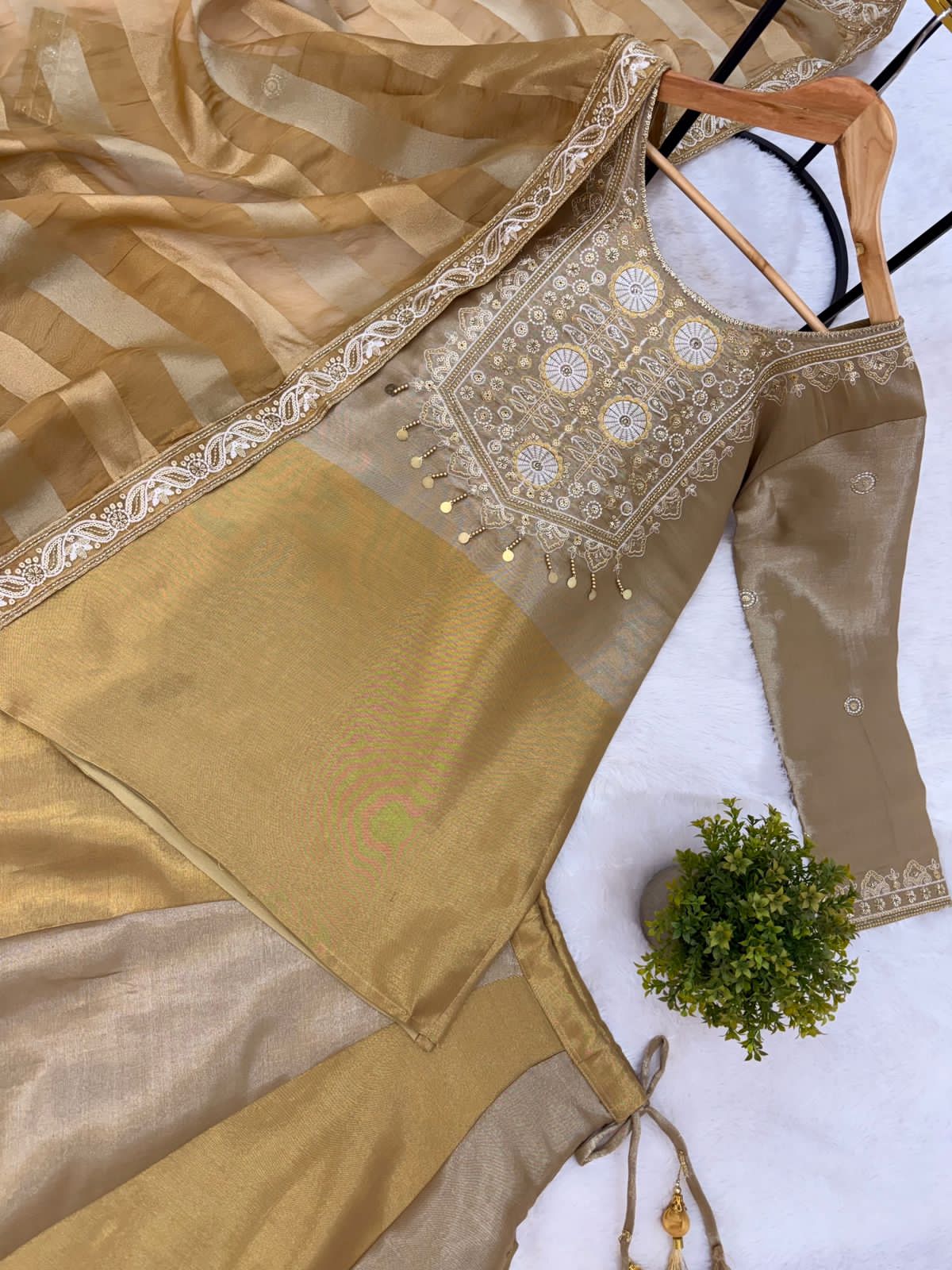 Golden Silk Kurta With Flared Lehenga Set For Women | Embroidered Festive & Wedding Ethnic Wear - Image 12