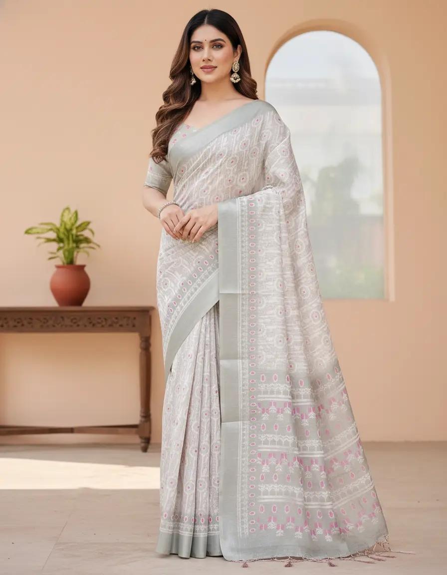 Elegant Linen Printed Saree And Zari Woven Border With Unstitched Blouse | Dhanjyoti