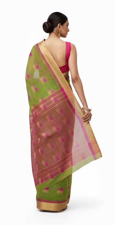 Green & Pink Kota Doria Silk Saree With Golden Zari Border Look Like Handcrafted Lightweight Festive Wear - Image 3