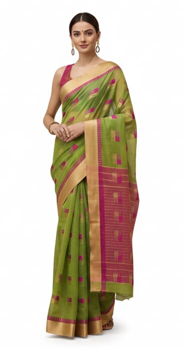 Green & Pink Kota Doria Silk Saree With Golden Zari Border Look Like Handcrafted Lightweight Festive Wear - Image 4