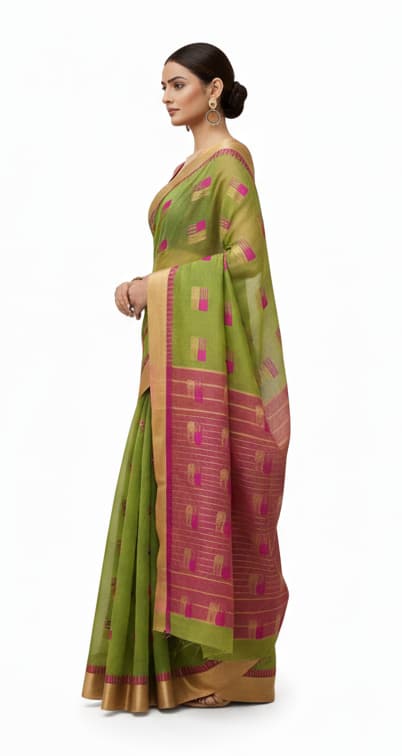 Green & Pink Kota Doria Silk Saree With Golden Zari Border Look Like Handcrafted Lightweight Festive Wear - Image 5