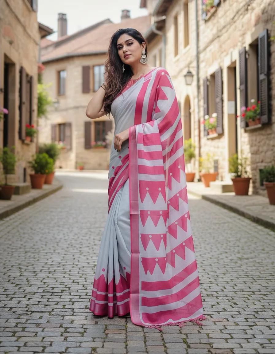 Elegant Pink And White Cotton Saree With Unstitched Blouse | Dhanjyoti