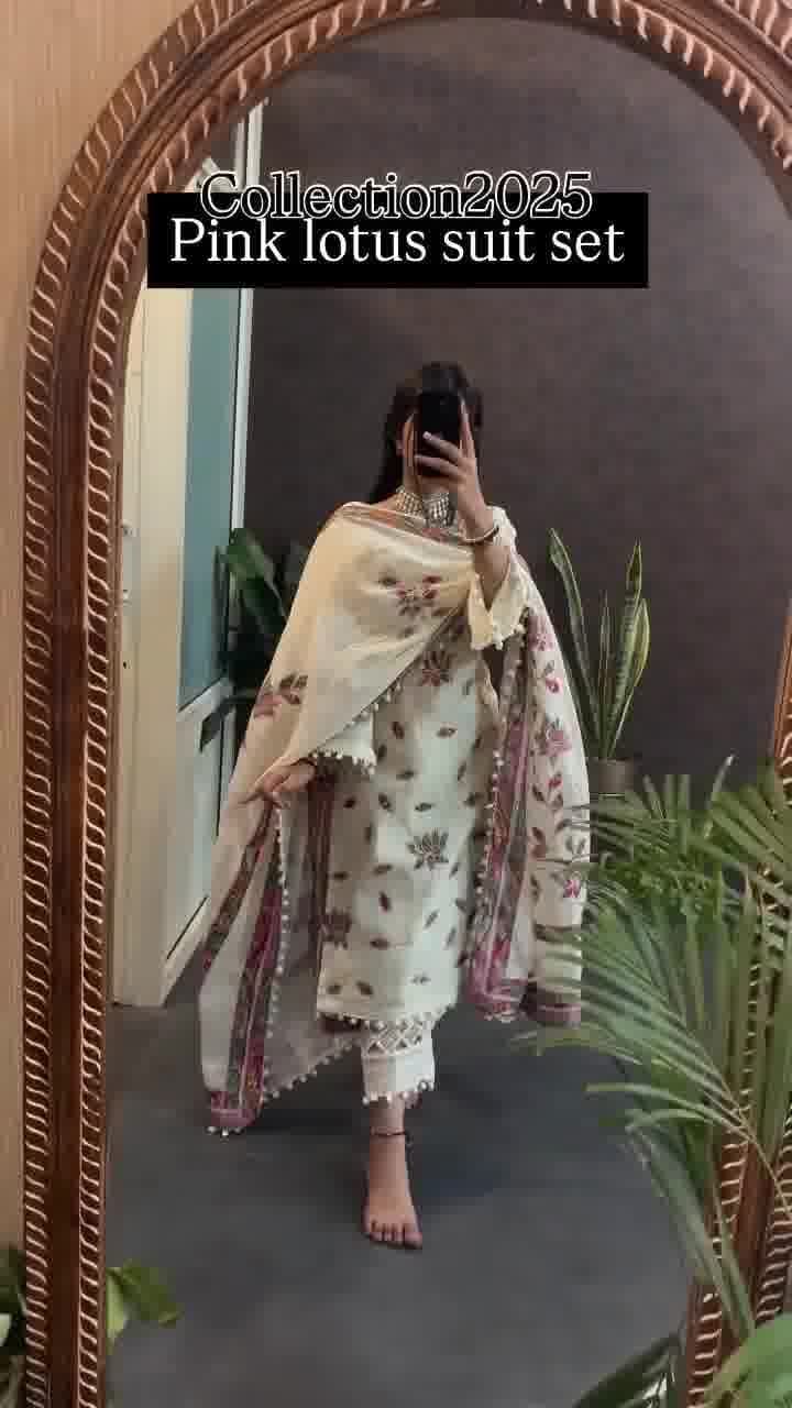 Off-White Lotus Print Kurta Set With Pom-Pom Lace Work For Party Wear | Dhanjyoti - Image 2