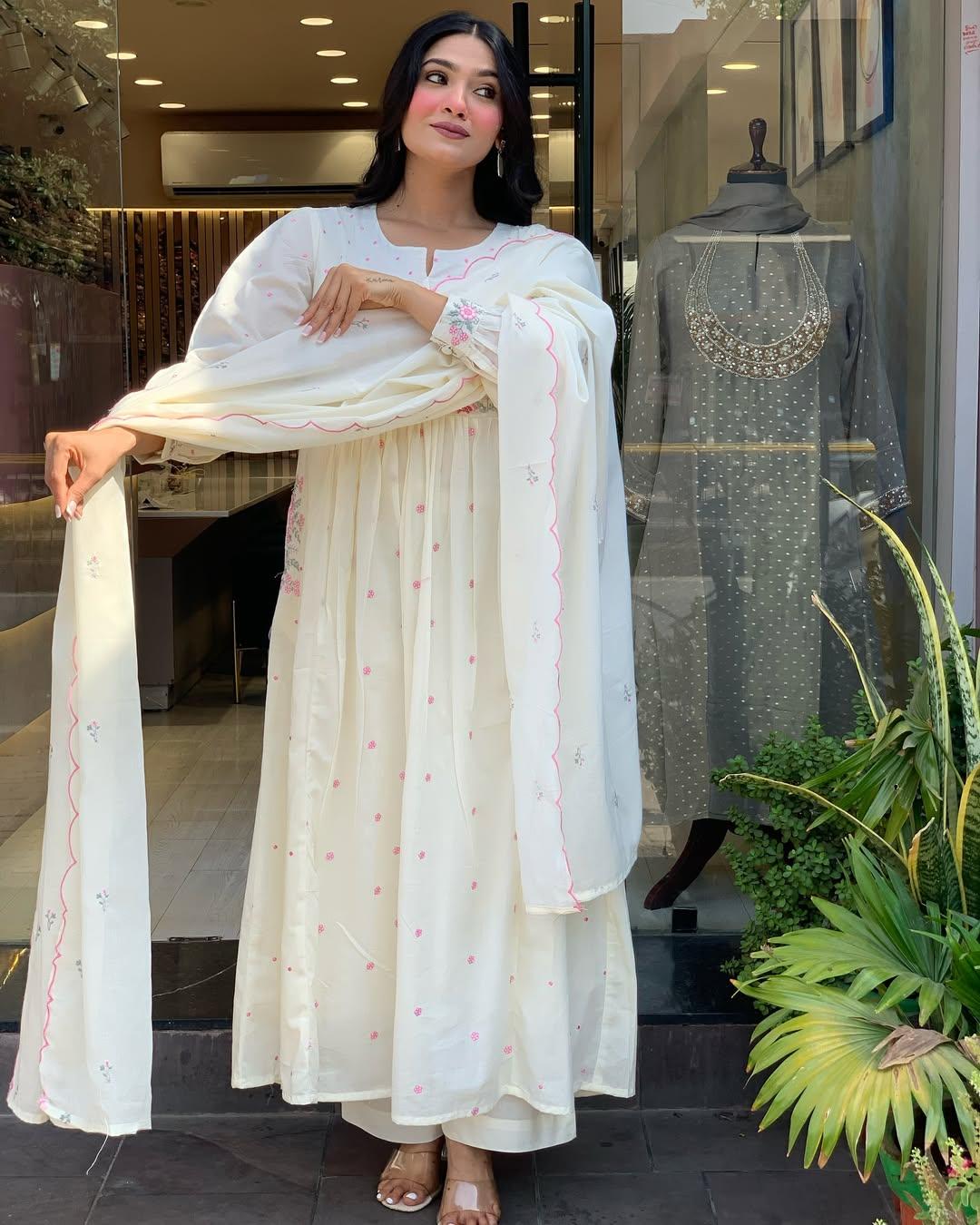 Gorgeous White Gown Kurta With Pink Floral Embroidery For Party Wear | Dhanjyoti 