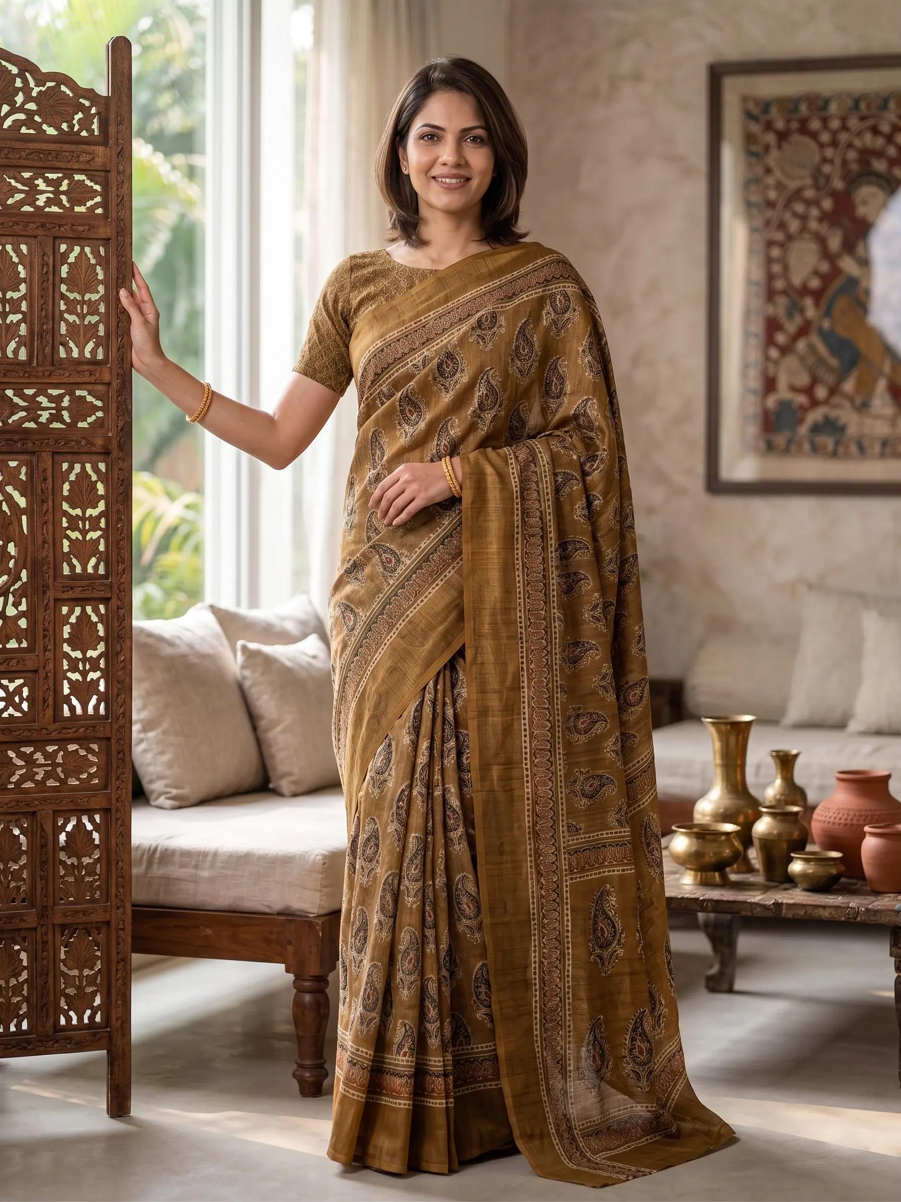 Mustard Brown Printed Saree With Traditional Paisley & Border Design Saree Casual Wear | Dhanjyoti  - Image 6
