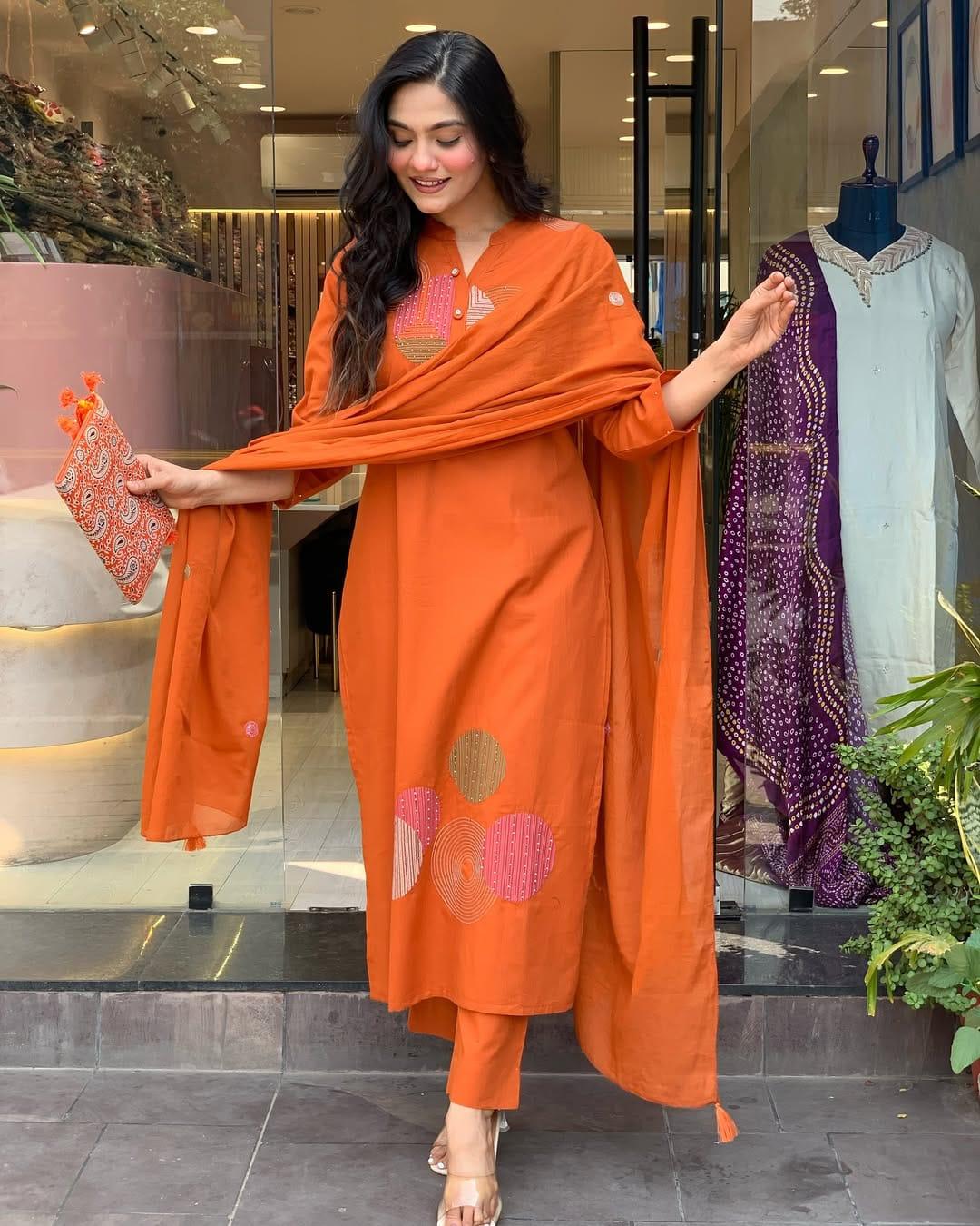 Feel The Sunshine In Our Orange Abstract Embroidered Kurta Set For Summer Wear | Dhanjyoti  - Image 2