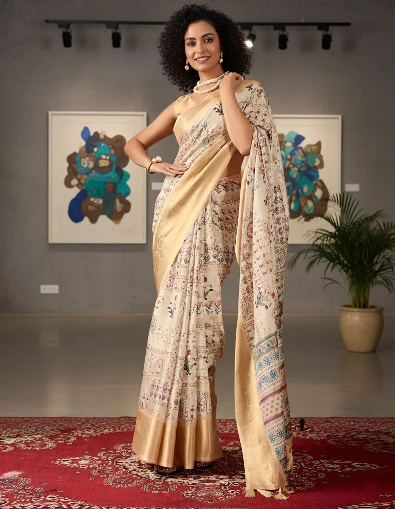 Cream Printed Saree With Weaving Banarasi Gold Zari Border