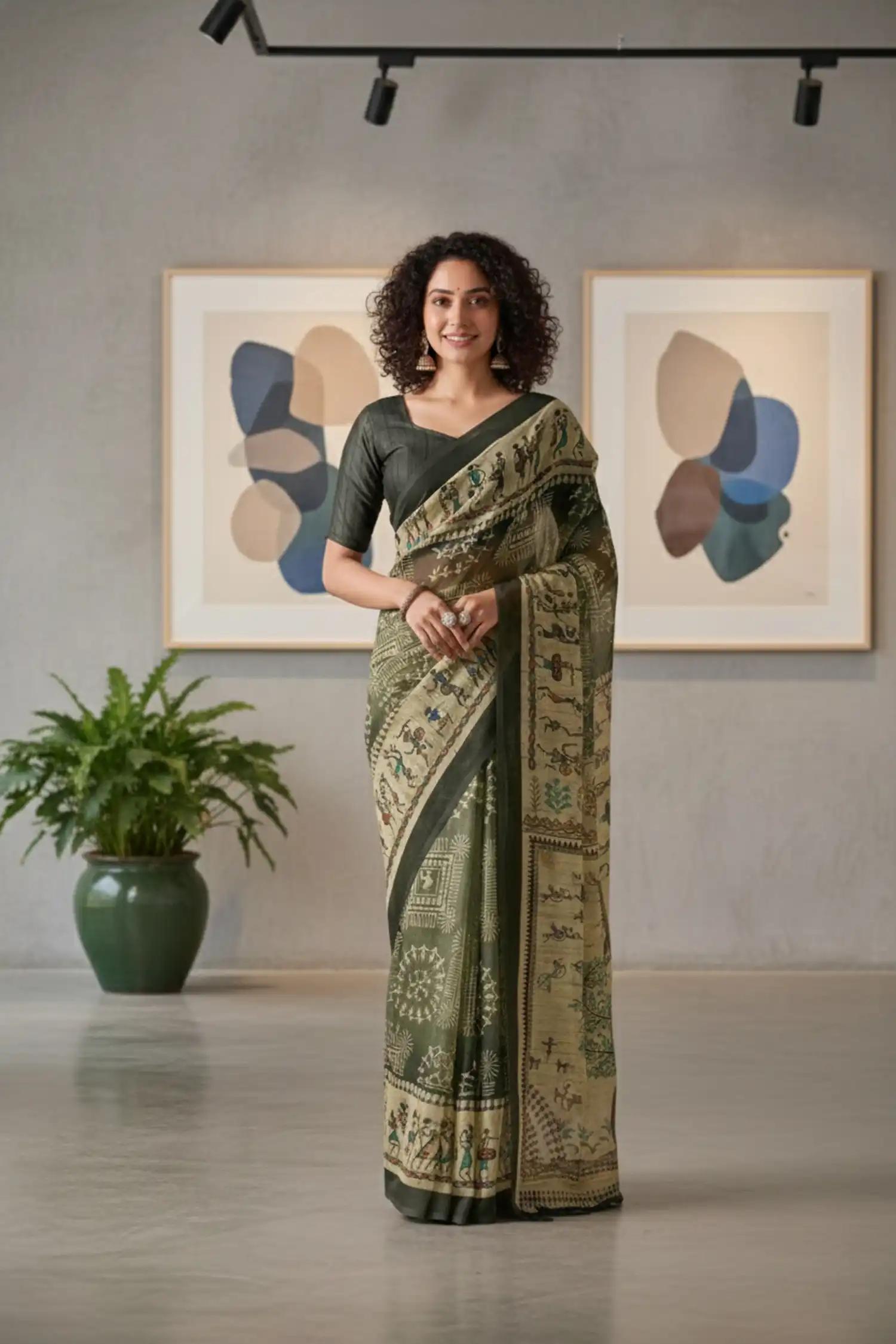 Green Tussar Silk Saree With Warli Art Print & Contrast Border