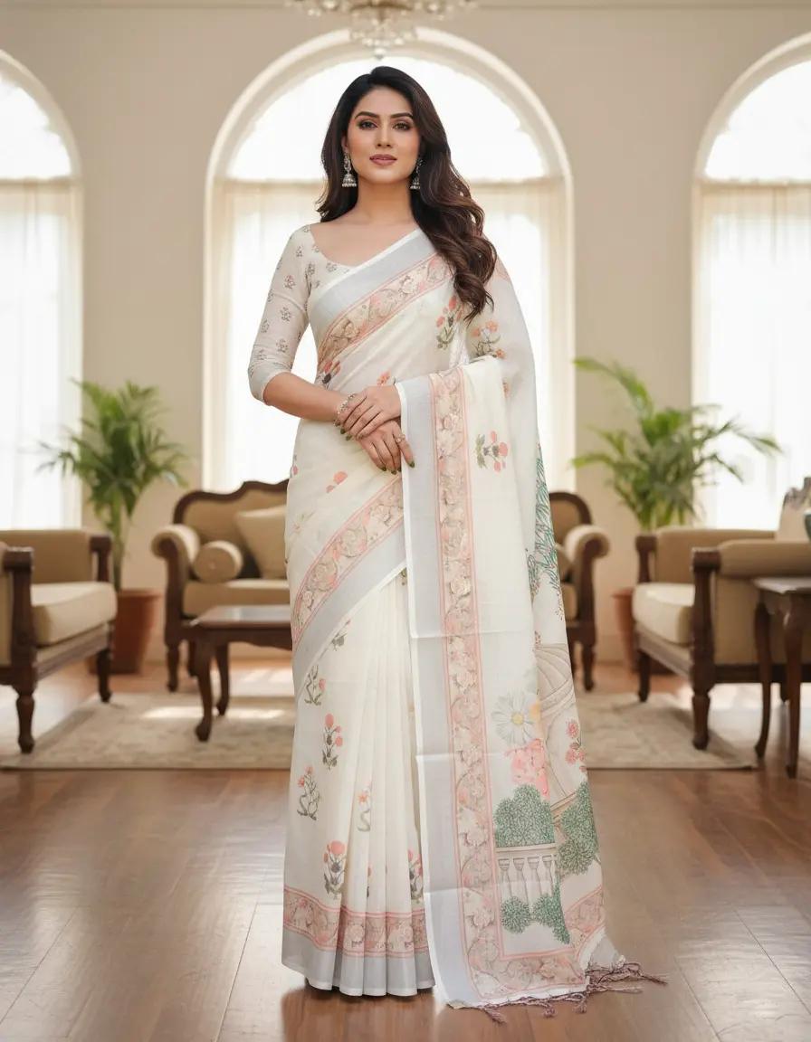 Elegant Floral Printed Silk Saree And Zari Woven Border For Evening Wear With Unstitched Blouse | Dhanjyoti