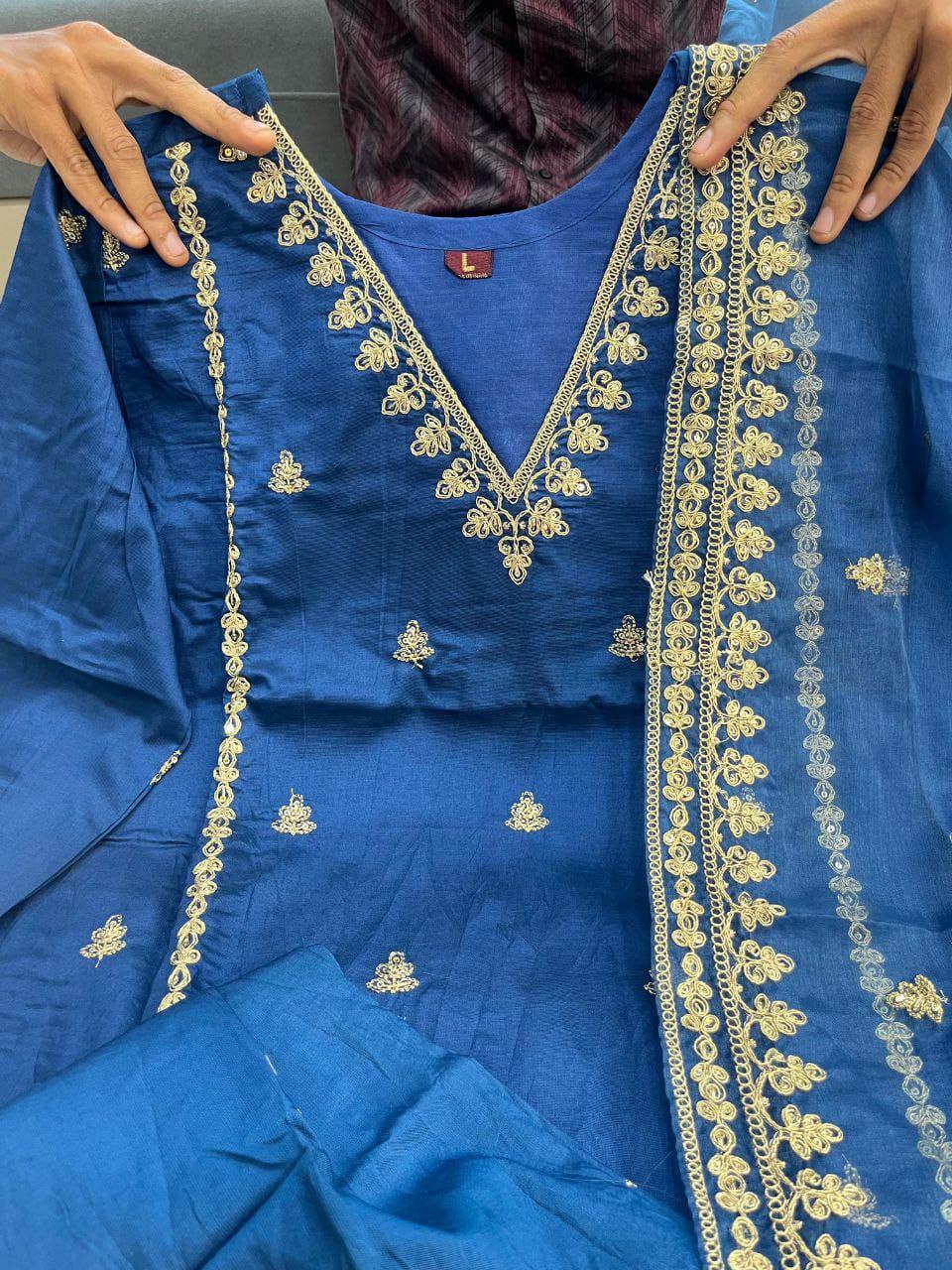 Navy Blue Chanderi Silk Suit Set With Gold Embroidery For Evening Wear | Dhanjyoti - Image 4