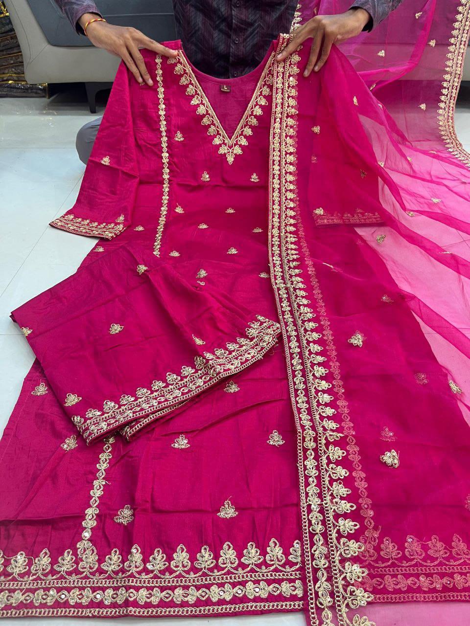 Navy Blue Chanderi Silk Suit Set With Gold Embroidery For Evening Wear | Dhanjyoti - Image 5