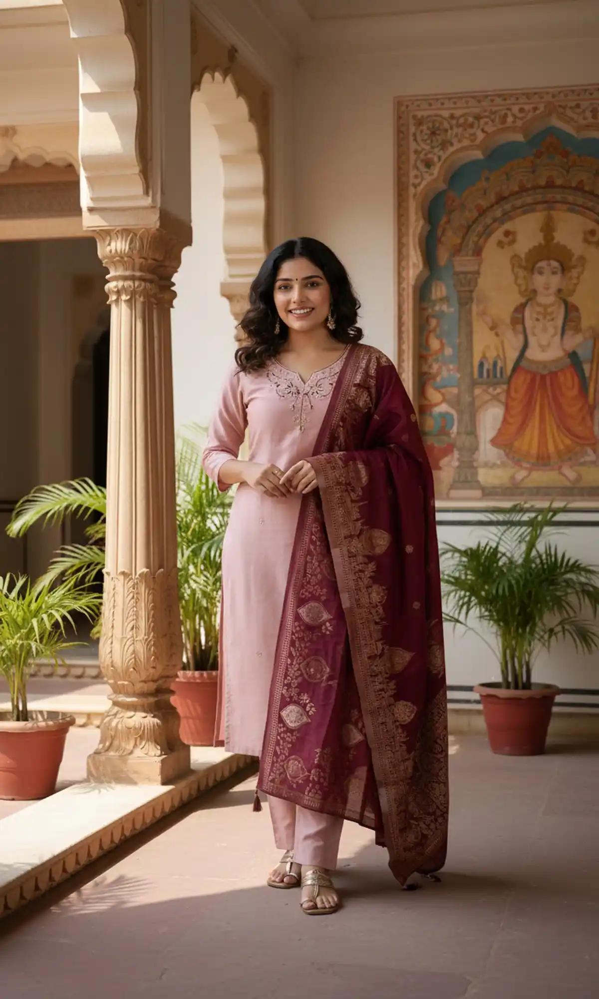 Blush Pink Embroidered Kurta Set With Luxurious Wine Banarasi Dupatta