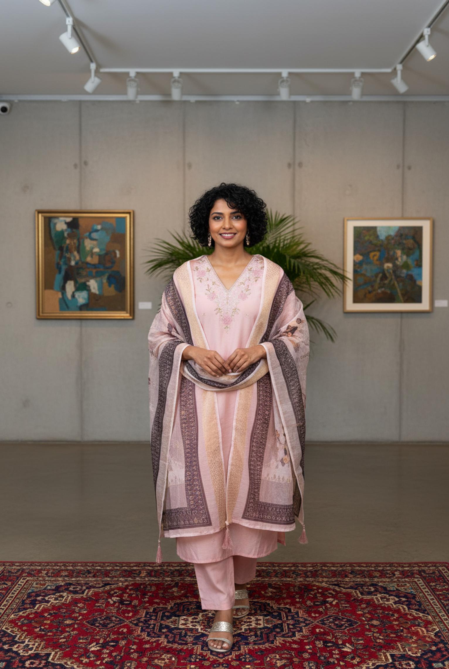 Delicate Pink Kurta Set With Floral Hand Embroidery & Printed Dupatta