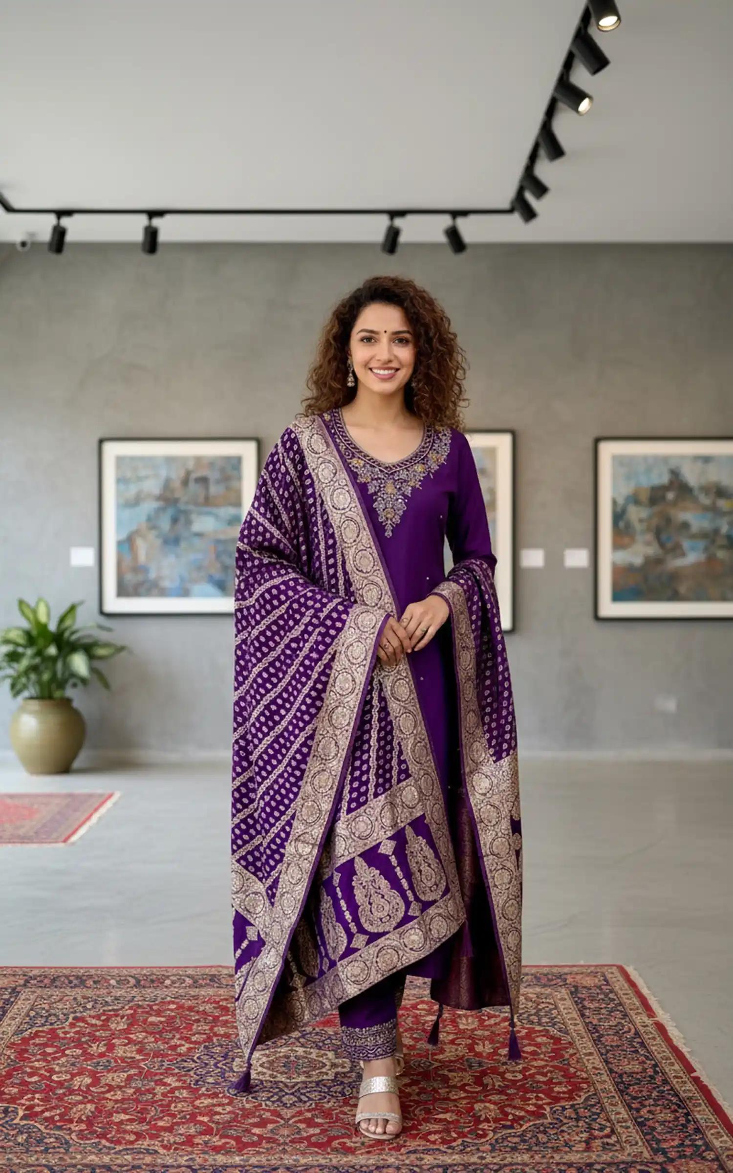 Regal Purple Silk Suit Set With Banarasi Dupatta