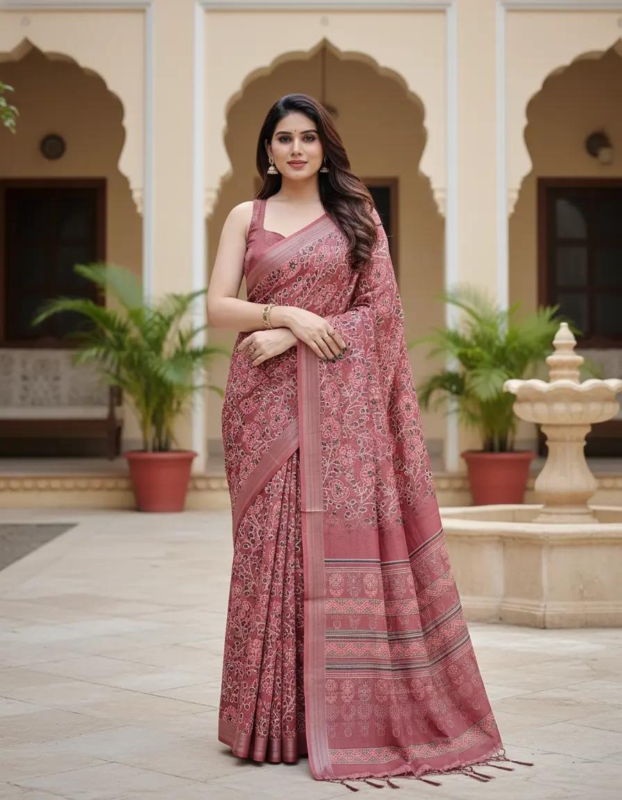Traditional Maroon Printed Saree Woven Border And Evening Wear And Unstitched Blouse | Dhanjyoti
