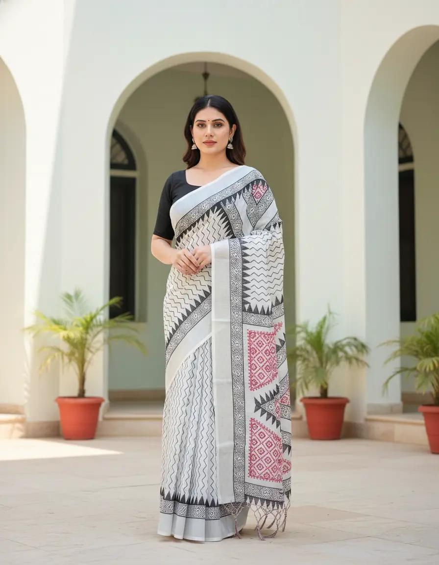 Elegant Black And White Printed Saree And Zari Woven Border With Ustitched Blouse | Dhanjyoti