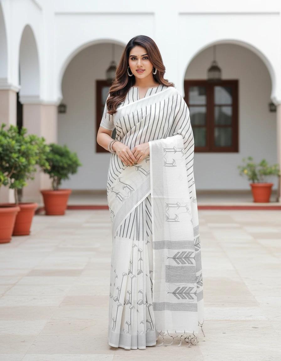 Striped Cotton Chanderi Printed Saree And Zari Woven Border With Ustitched Blouse | Dhanjyoti