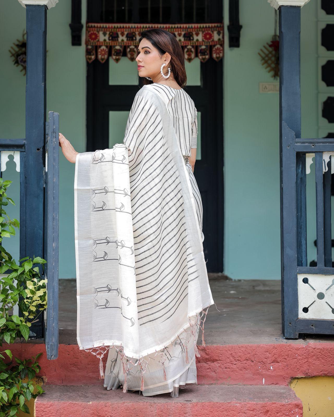 Striped Cotton Chanderi Printed Saree And Zari Woven Border With Ustitched Blouse | Dhanjyoti  - Image 4