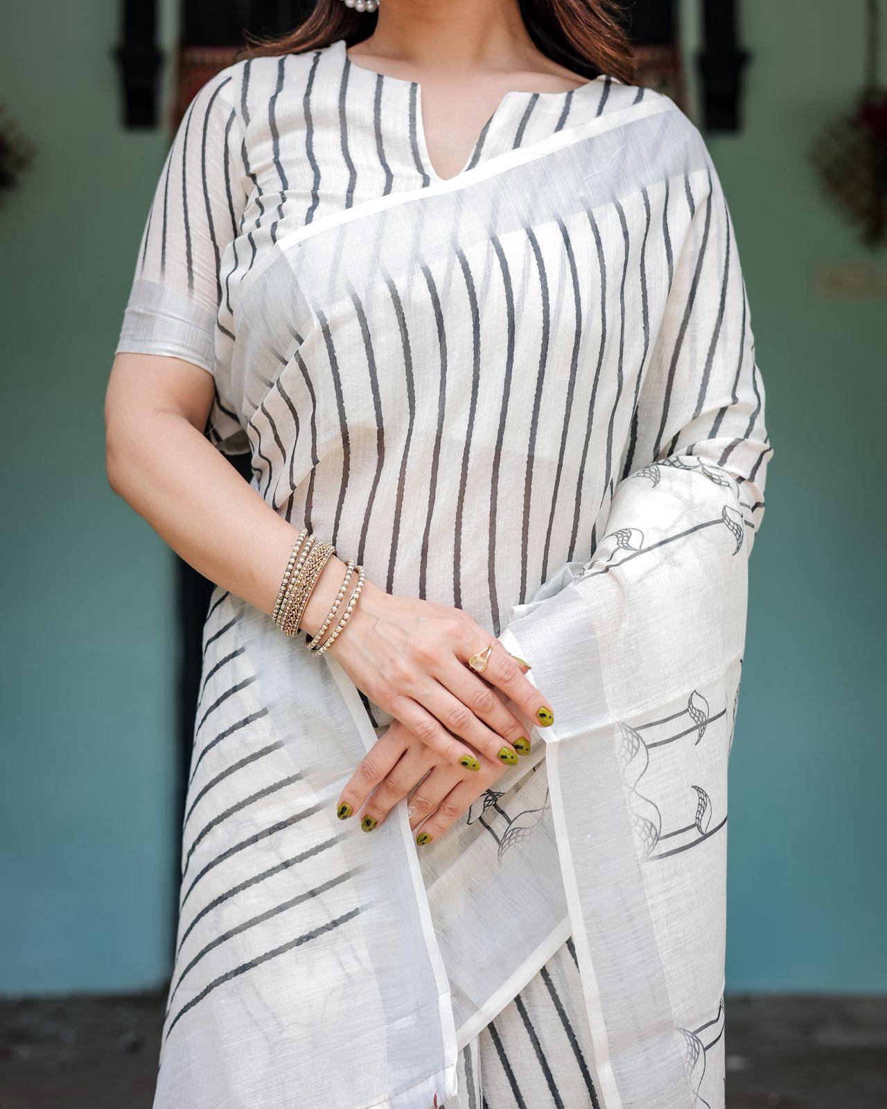 Striped Cotton Chanderi Printed Saree And Zari Woven Border With Ustitched Blouse | Dhanjyoti  - Image 2