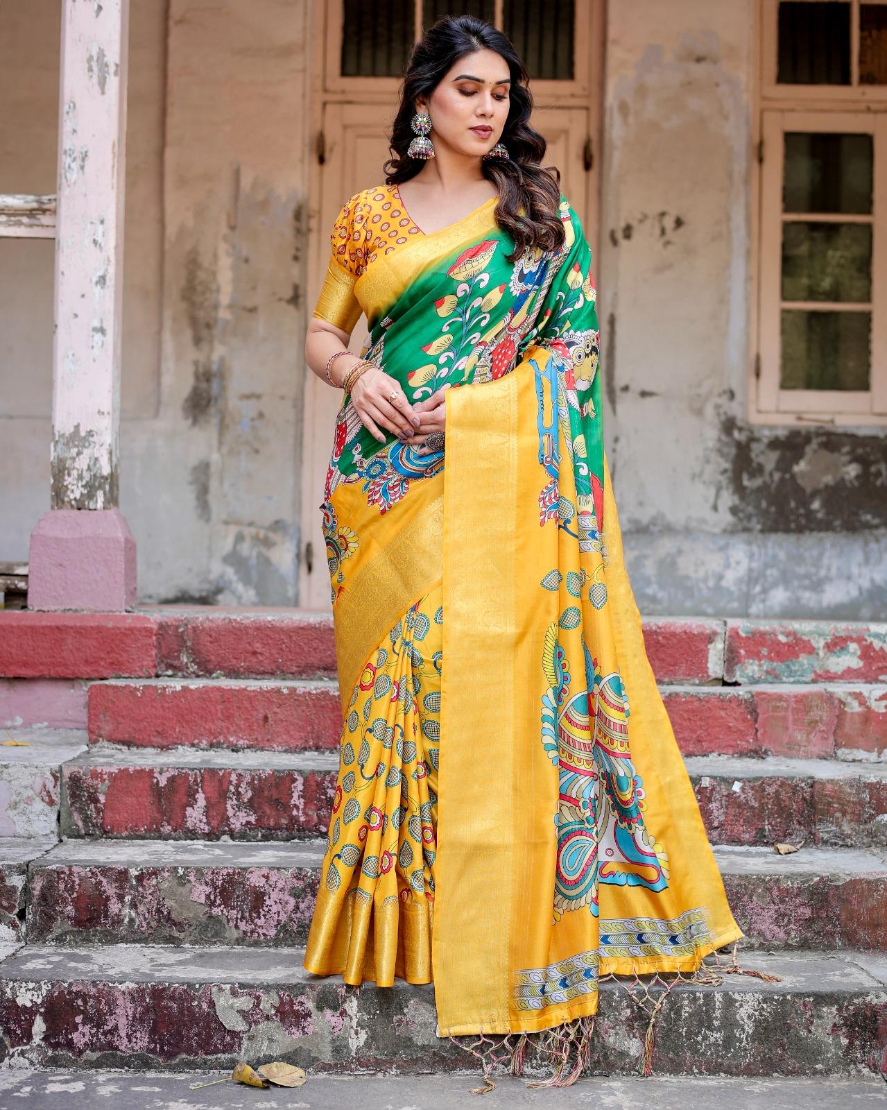 Traditional Printed Silk Saree And Woven Border And Pallu And Unstitched Blouse | Dhanjyoti  - Image 2