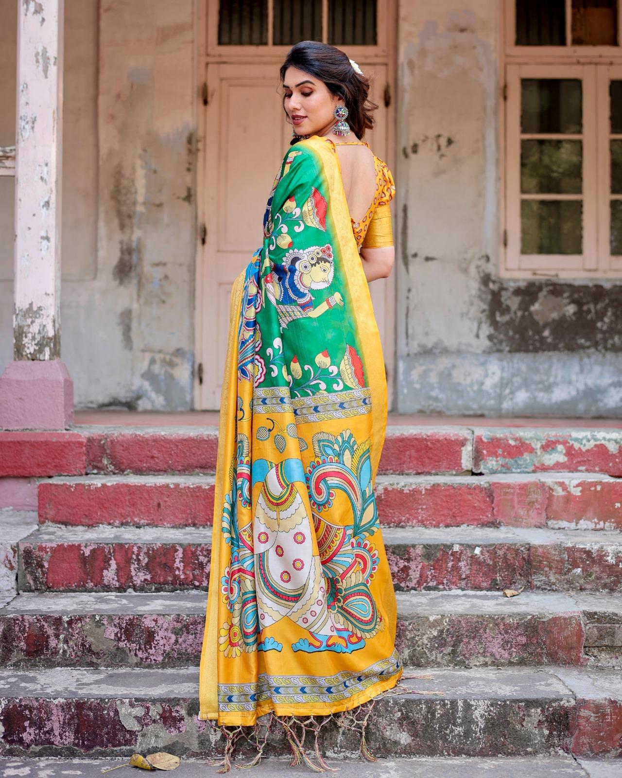 Traditional Printed Silk Saree And Woven Border And Pallu And Unstitched Blouse | Dhanjyoti  - Image 3