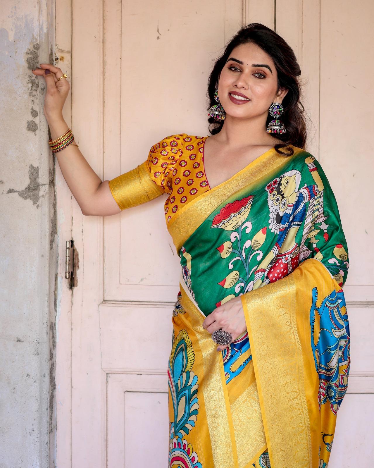 Traditional Printed Silk Saree And Woven Border And Pallu And Unstitched Blouse | Dhanjyoti  - Image 4