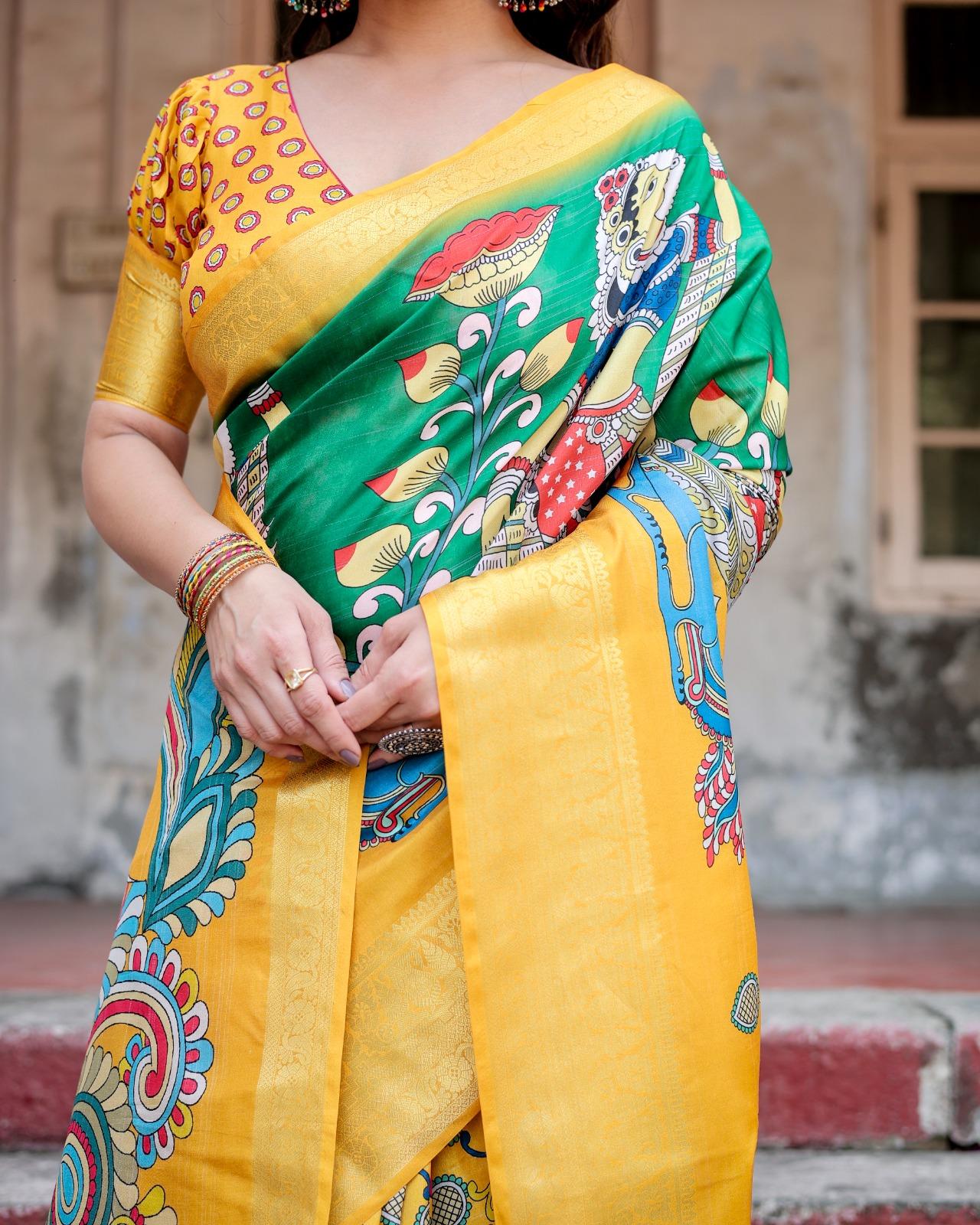 Traditional Printed Silk Saree And Woven Border And Pallu And Unstitched Blouse | Dhanjyoti 