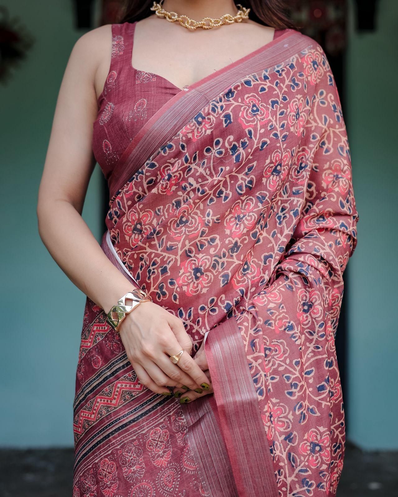 Traditional Maroon Printed Saree Woven Border And Evening Wear And Unstitched Blouse | Dhanjyoti  - Image 3