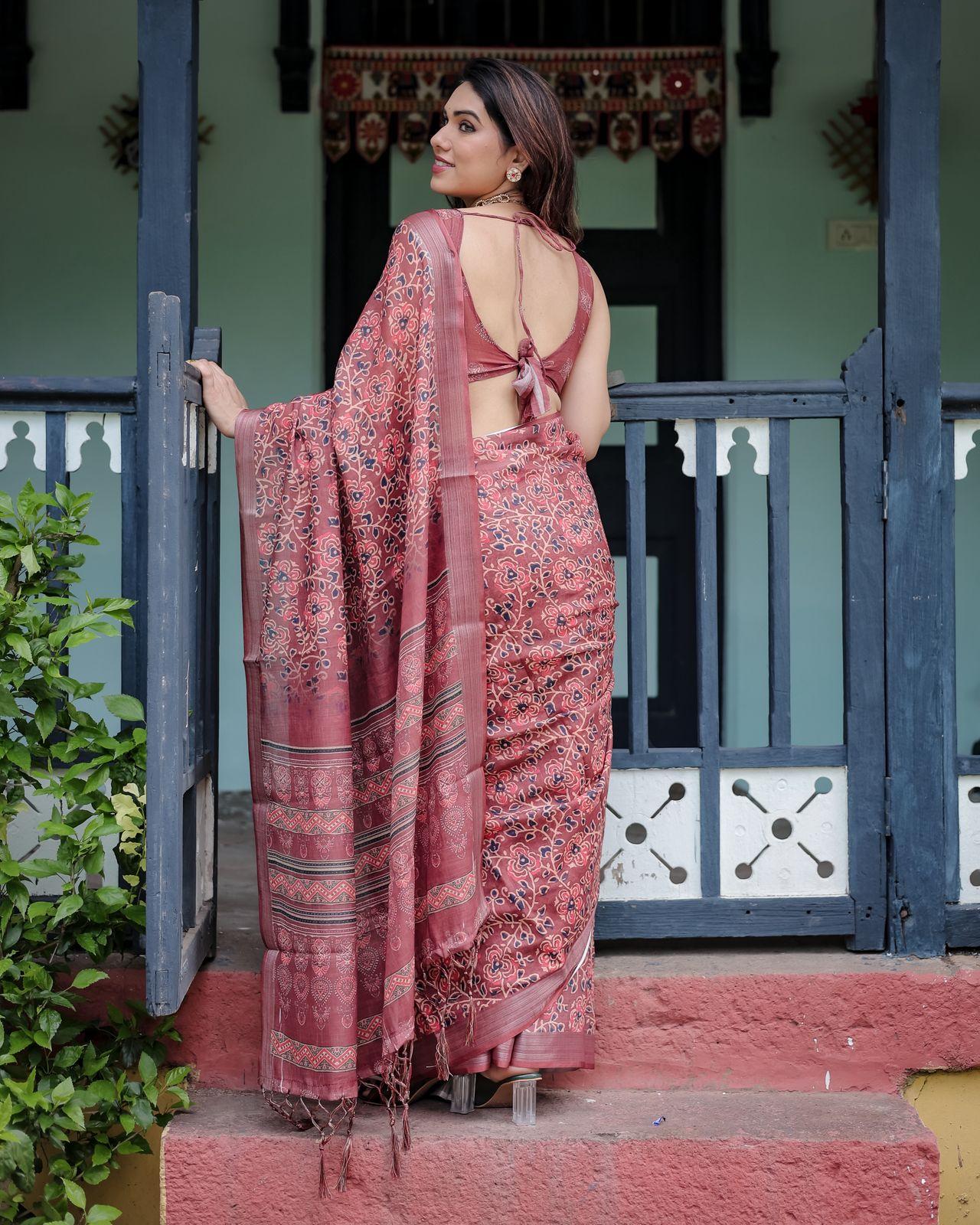 Traditional Maroon Printed Saree Woven Border And Evening Wear And Unstitched Blouse | Dhanjyoti  - Image 4