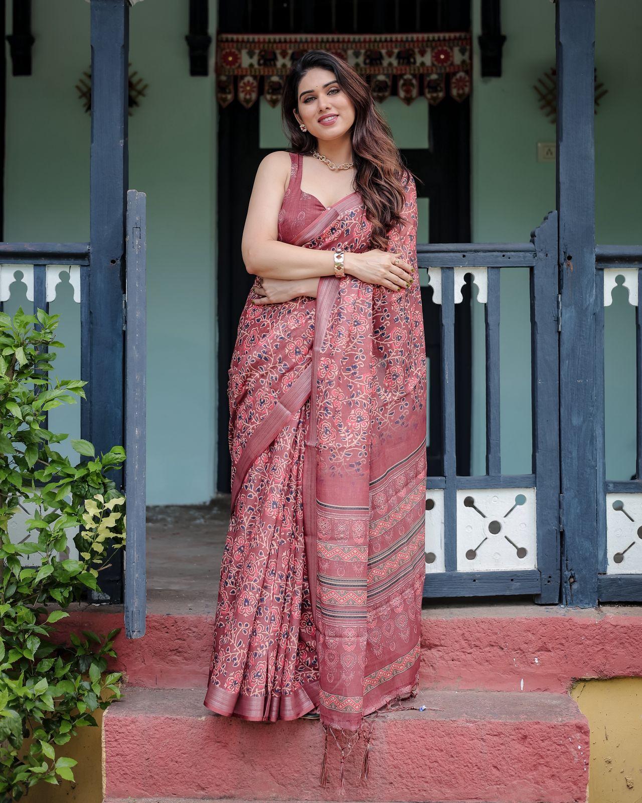 Traditional Maroon Printed Saree Woven Border And Evening Wear And Unstitched Blouse | Dhanjyoti  - Image 5