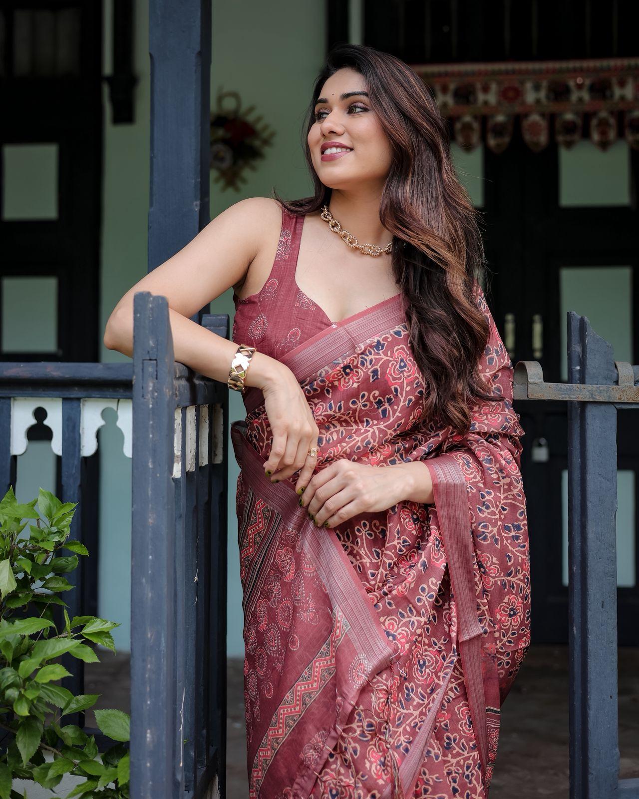 Traditional Maroon Printed Saree Woven Border And Evening Wear And Unstitched Blouse | Dhanjyoti  - Image 2