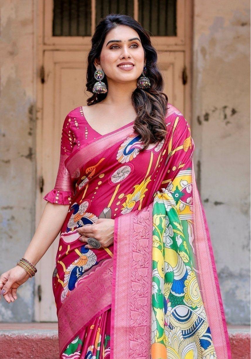 Vibrant Floral Pink Saree - Image 2
