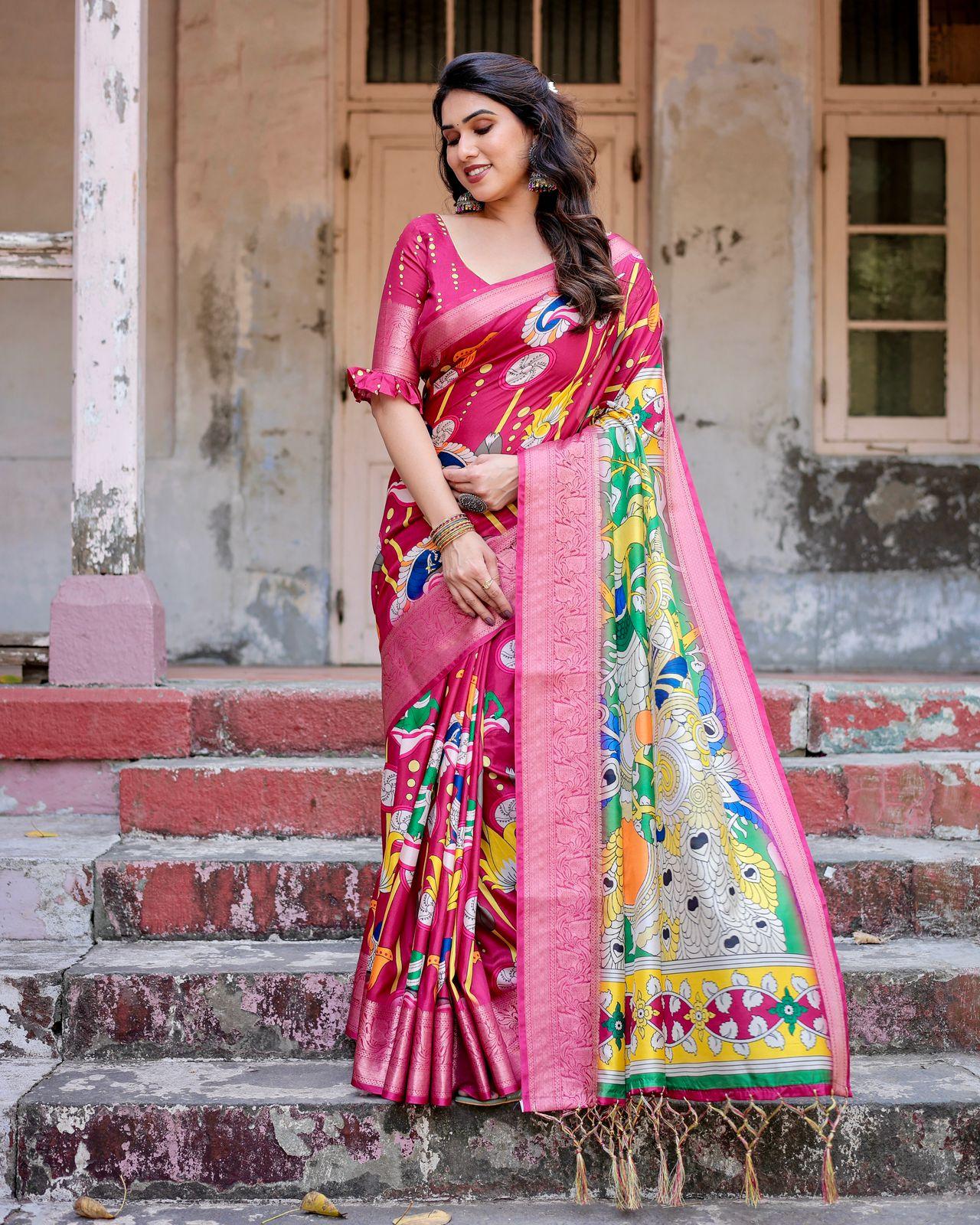 Vibrant Floral Pink Saree - Image 3
