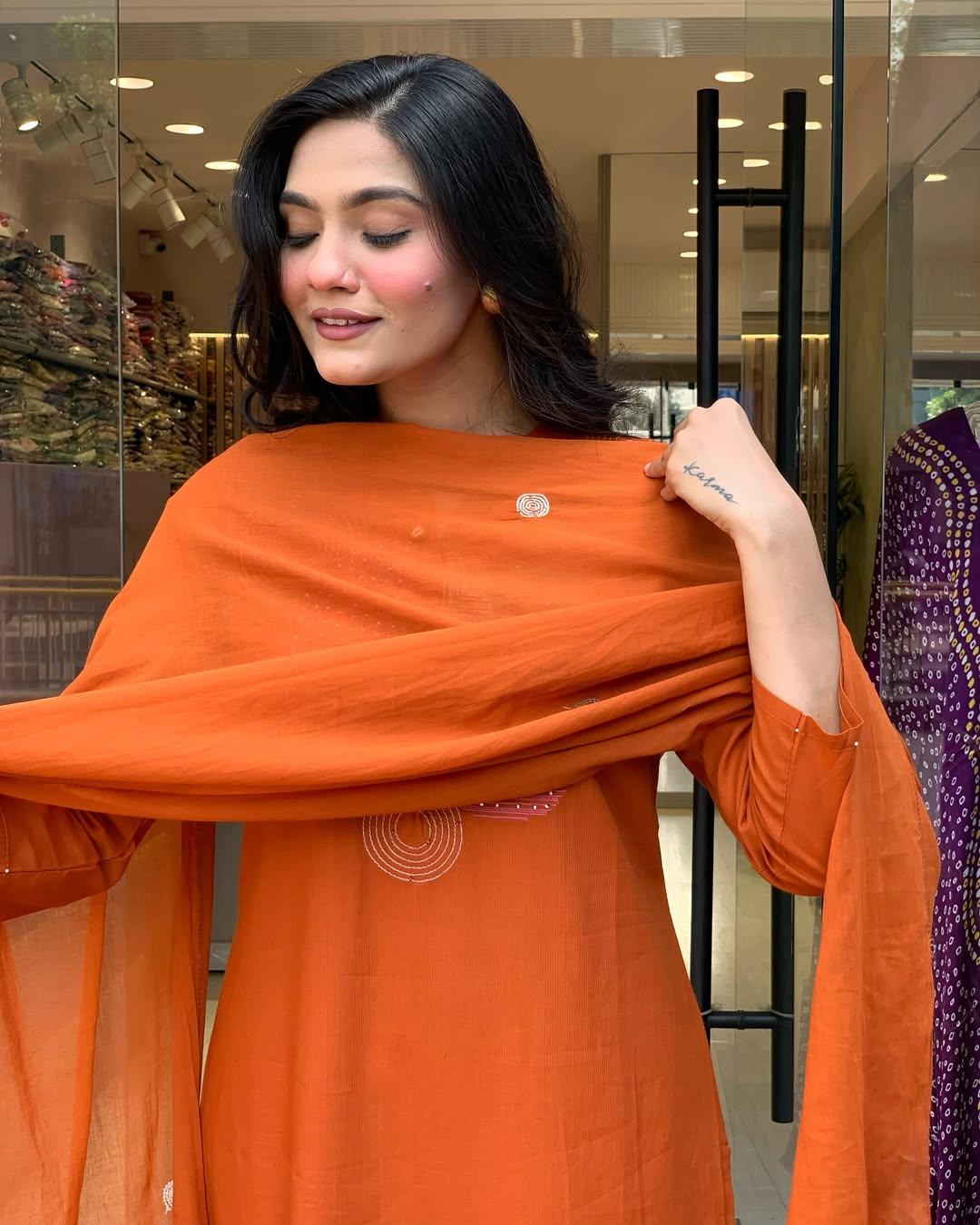 Feel The Sunshine In Our Orange Abstract Embroidered Kurta Set For Summer Wear | Dhanjyoti  - Image 3