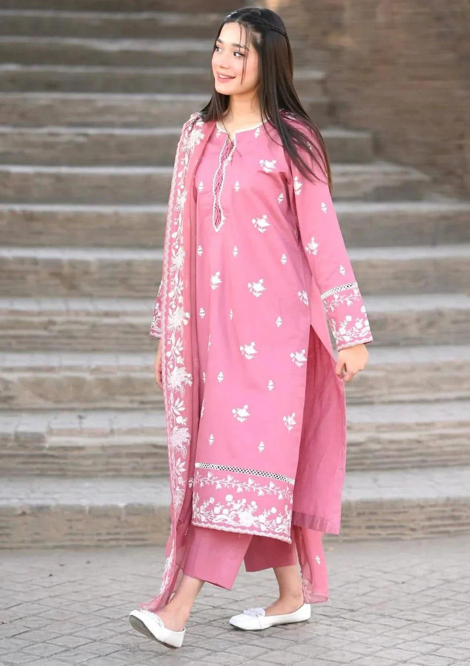 Pastel Pink Kurta Set With White Thread Embroidery Work For Festival Wear | Dhanjyoti - Image 3