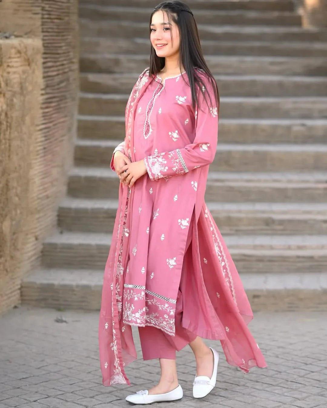 Pastel Pink Kurta Set With White Thread Embroidery Work For Festival Wear | Dhanjyoti - Image 4