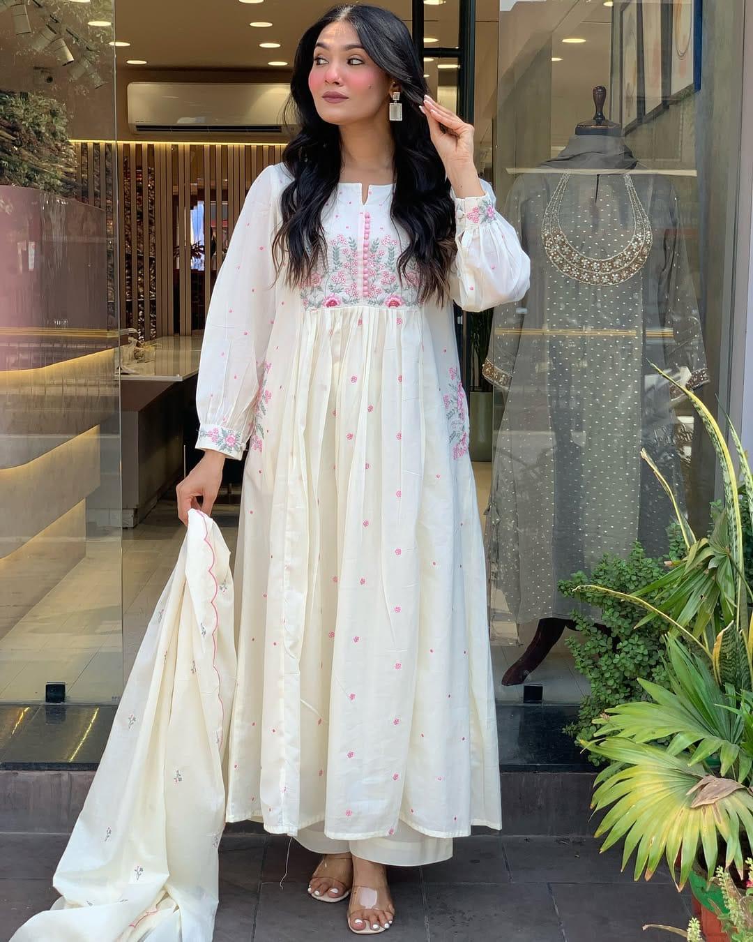 Gorgeous White Gown Kurta With Pink Floral Embroidery For Party Wear | Dhanjyoti  - Image 2