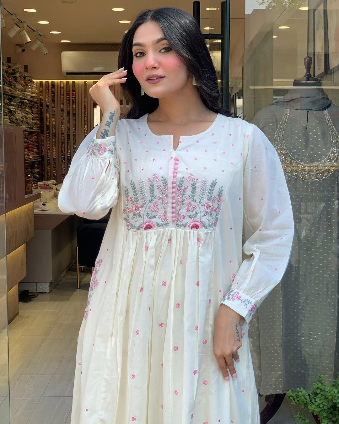Gorgeous White Gown Kurta With Pink Floral Embroidery For Party Wear | Dhanjyoti  - Image 3