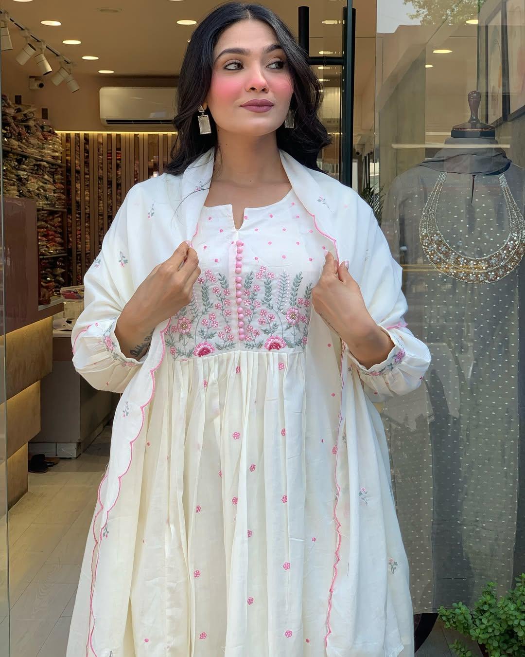 Gorgeous White Gown Kurta With Pink Floral Embroidery For Party Wear | Dhanjyoti  - Image 4
