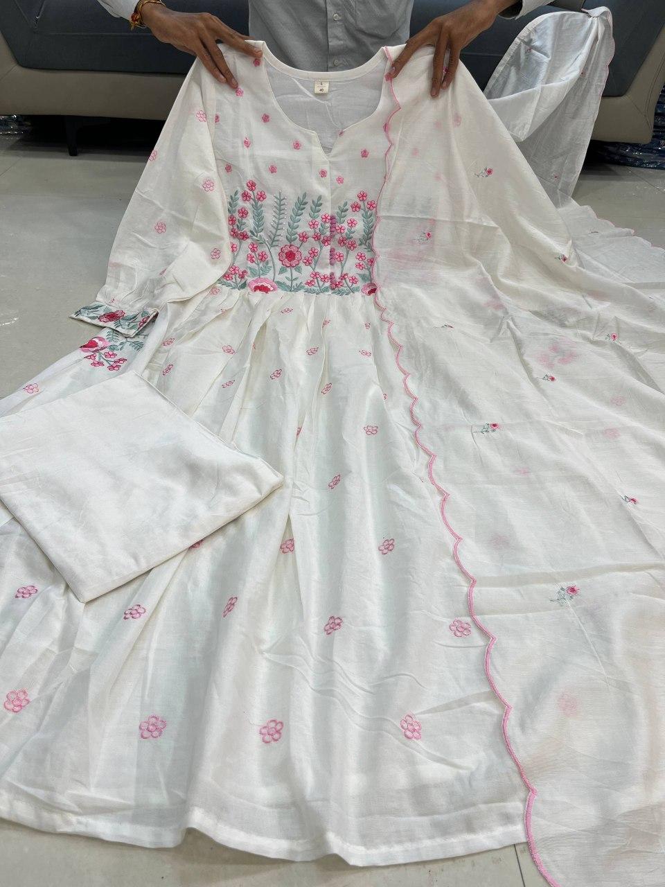 Gorgeous White Gown Kurta With Pink Floral Embroidery For Party Wear | Dhanjyoti  - Image 5