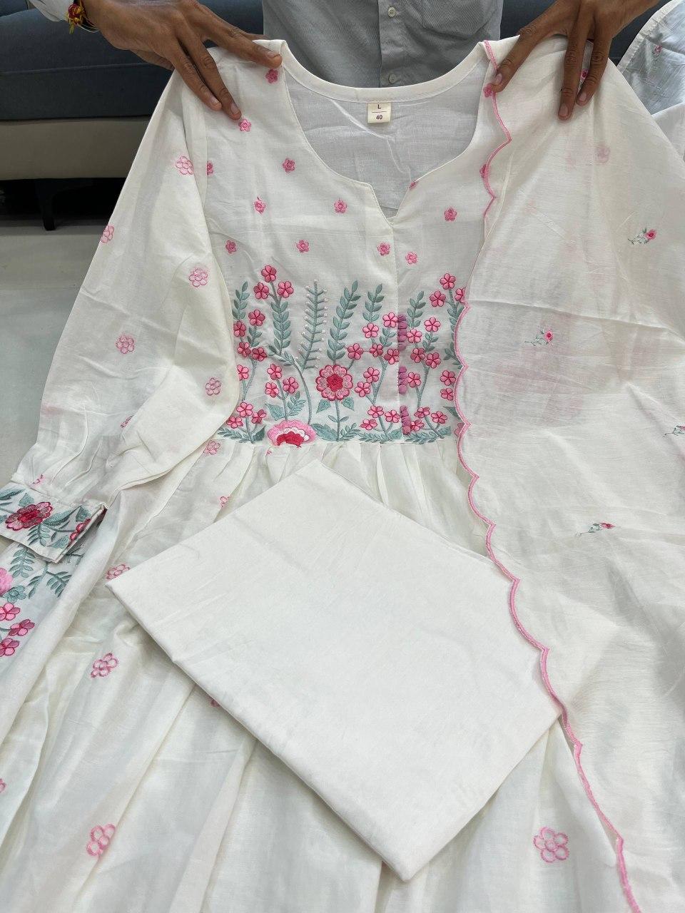 Gorgeous White Gown Kurta With Pink Floral Embroidery For Party Wear | Dhanjyoti  - Image 6