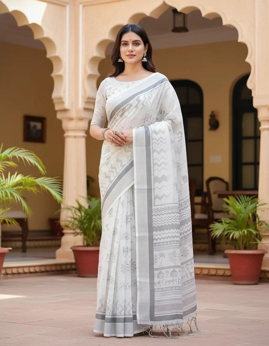 Elegant Gray Printed Saree And Zari Woven Border With Unstitched Blouse For Casual Wear | Dhanjyoti